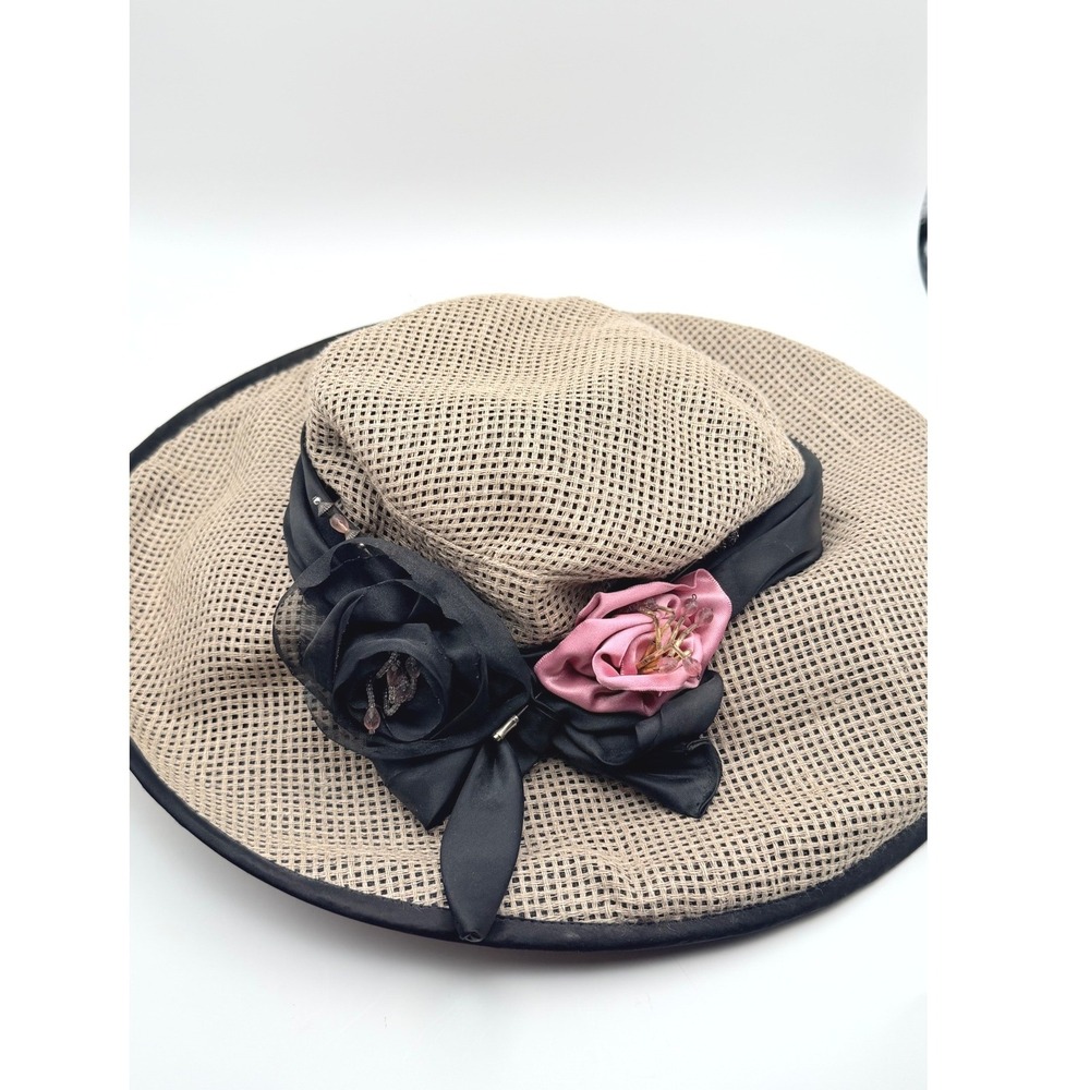 Rakhmanina Sunday Derby Hat Floral Wide Brim Vintage Style Womens OS Beige Black